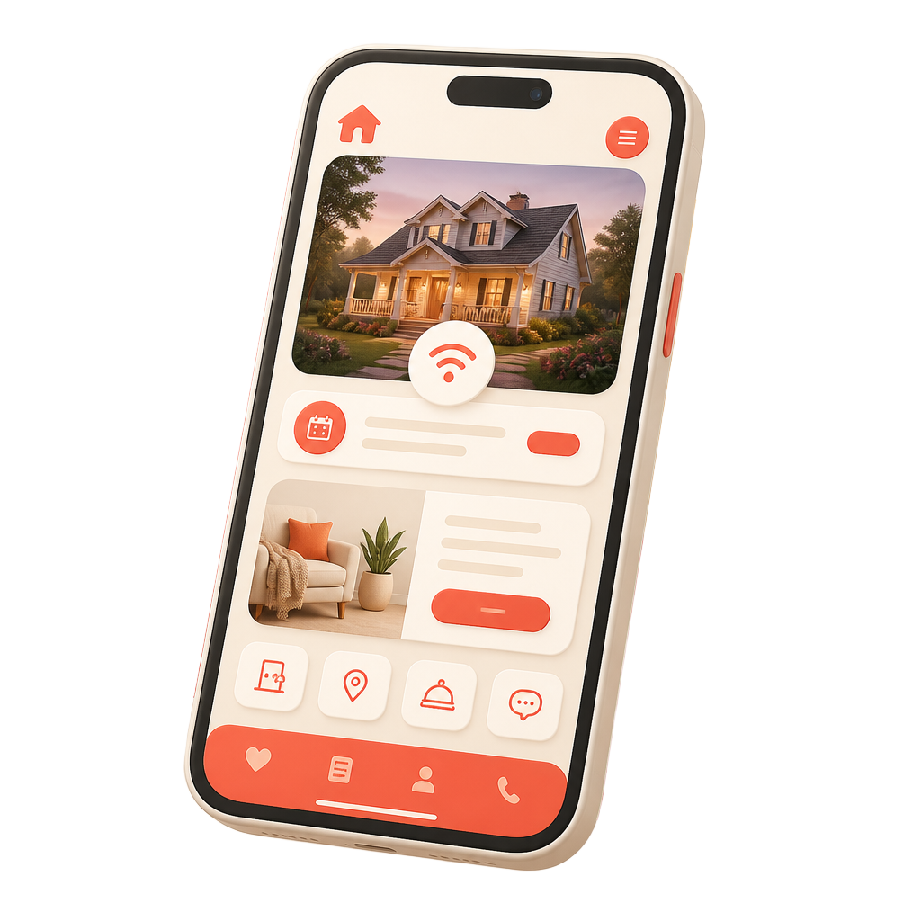 Celular mostrando o site completo de um Airbnb com fotos do local, check-in, Wi-Fi e dicas do bairro